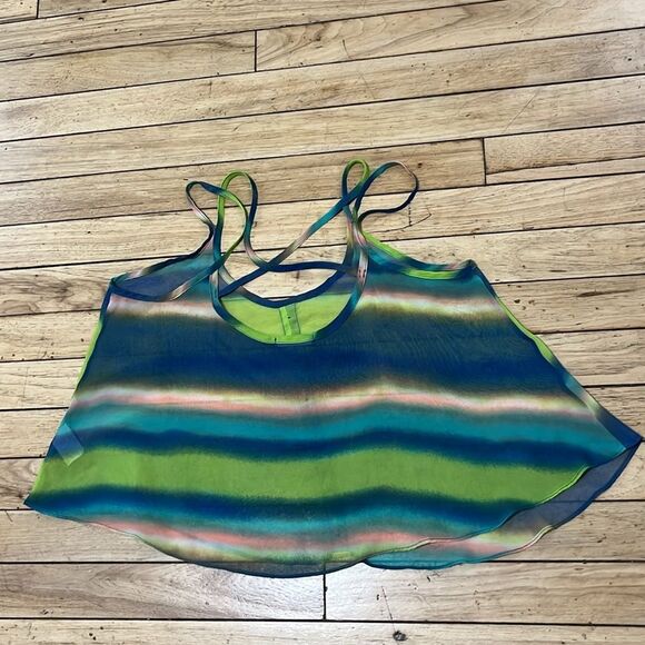 SOPRANO Green Blue Sheer Criss Cross Strap Camisole Colorful Stripe Button S Y2k - Picture 3 of 11